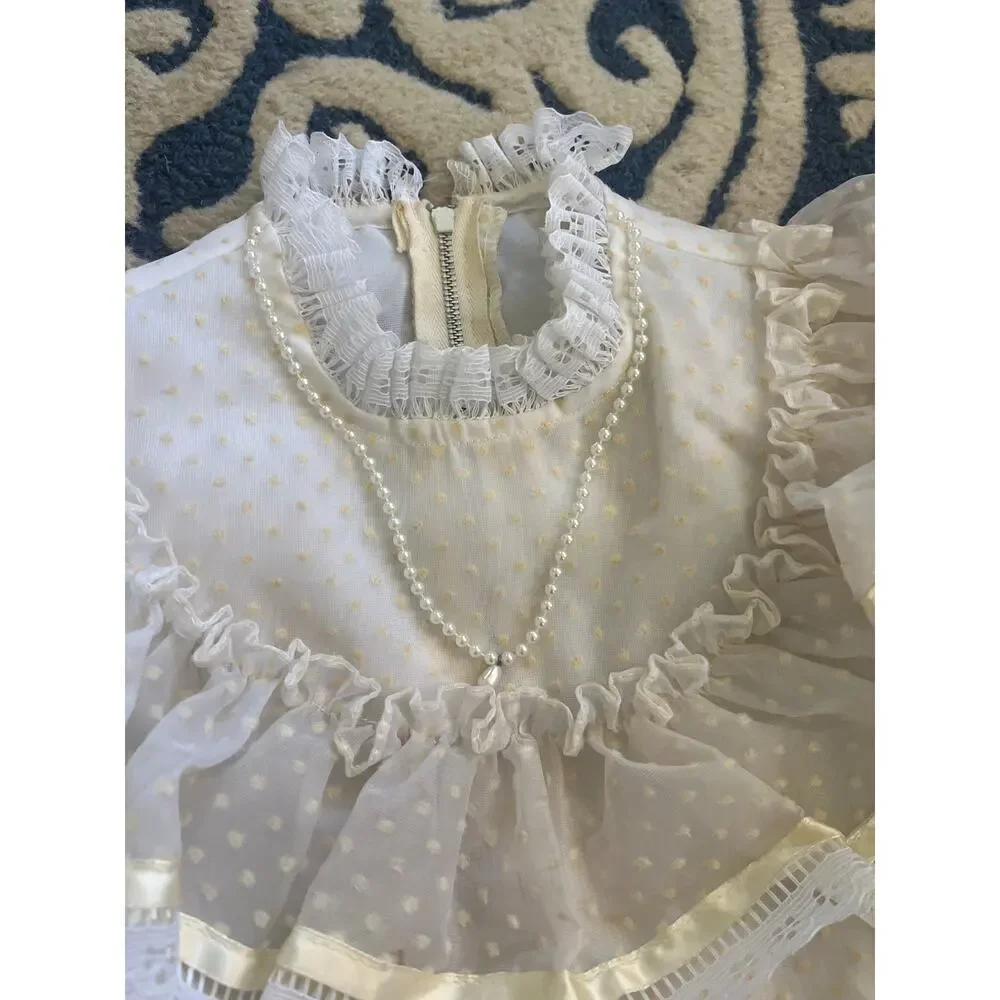 Vintage First Communion Easter White Short Sleeve Lace Dress with Veil